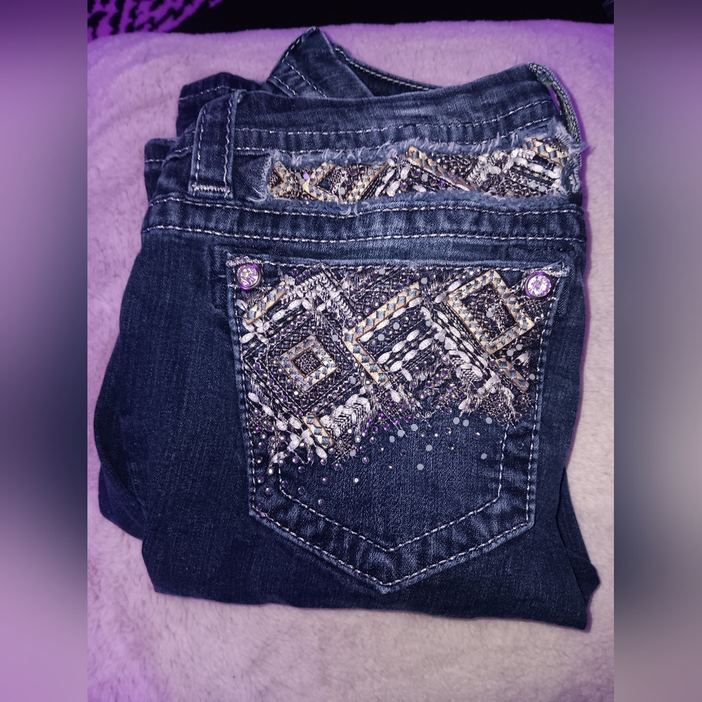 Miss Me Dark Blue Boot Cut Size 28 Jeans with Silver and Gold Embellishments